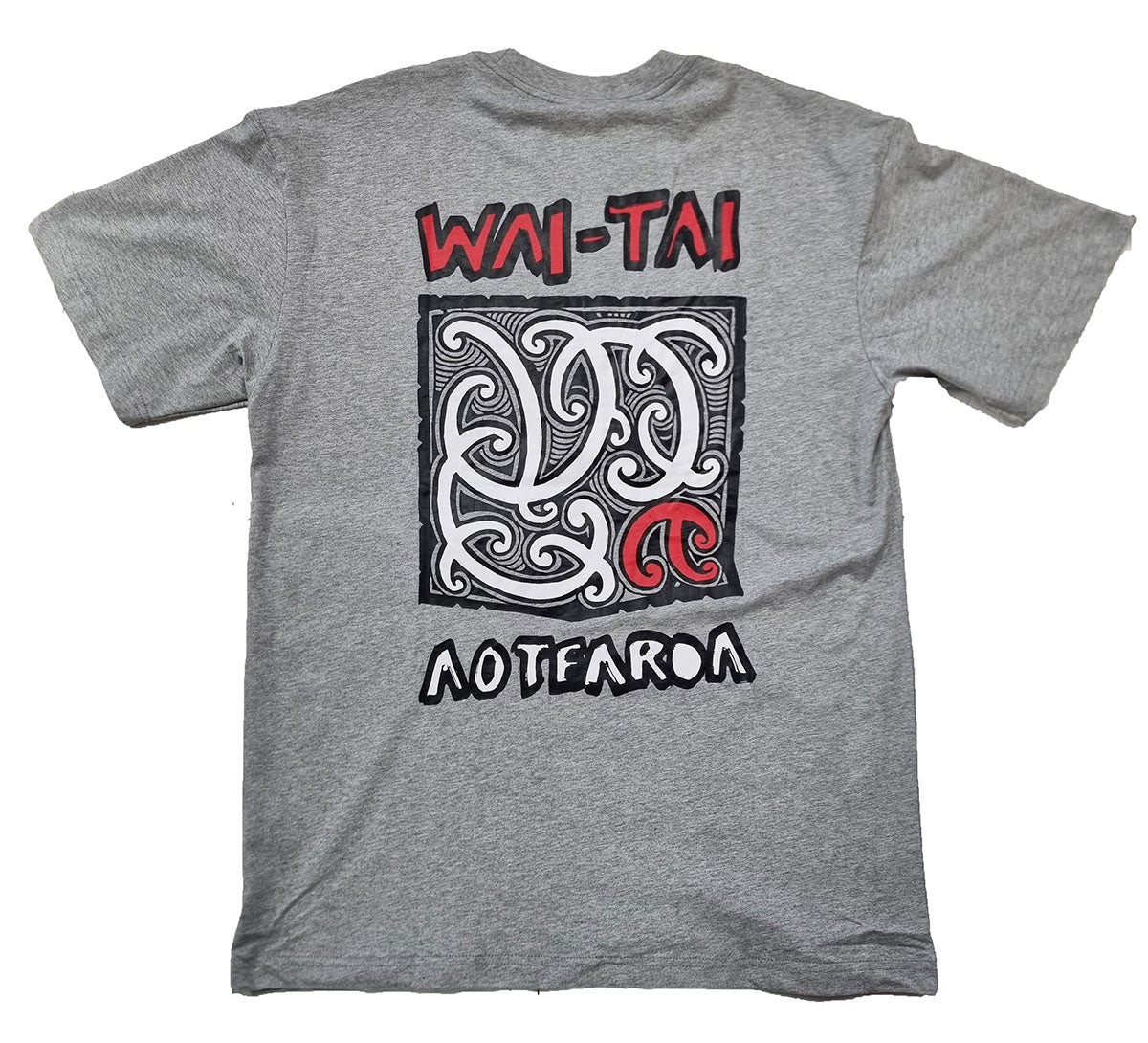 Wai-Tai Mangopare Unisex Maori Design Tee - Mokoira Makaurangi Series in grey marle from rear