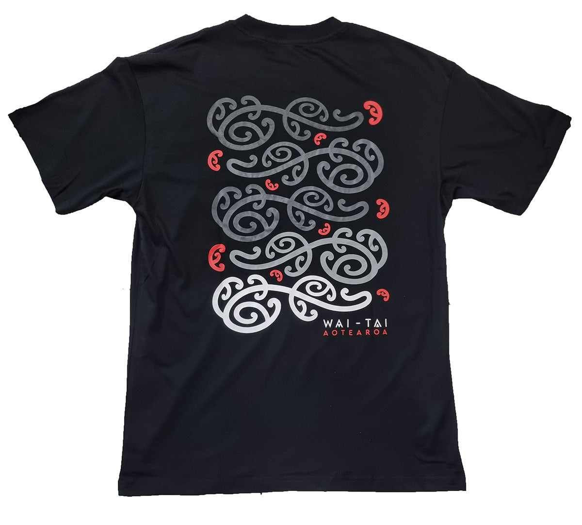 Wai-Tai Nanekoti Unisex Maori Design T-Shirt - Mokoira Makaurangi Series in black showing the back of the tee