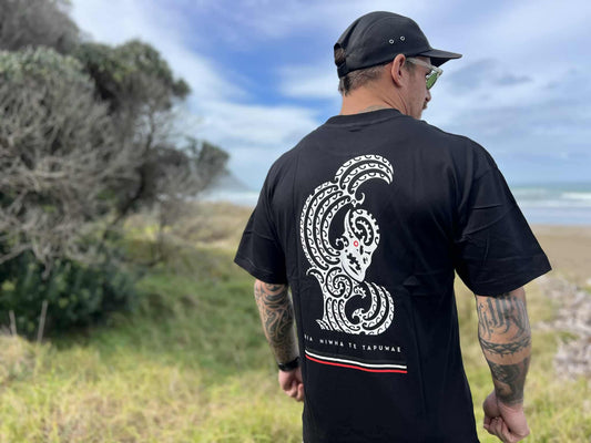 Maia Gibbs in a Wai-Tai Taniwha t-shirt