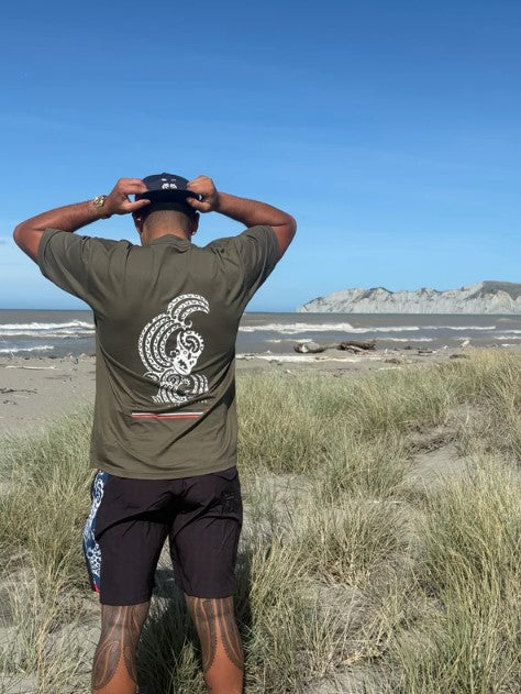 Wai-Tai Dark Olive Mens Taniwha Tee