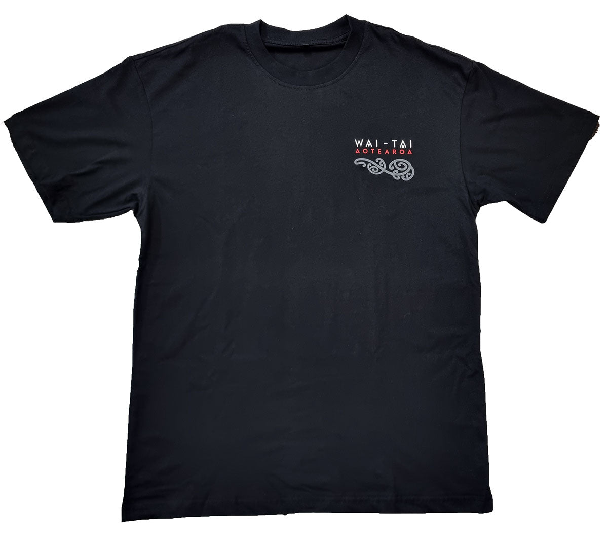 Wai-Tai Nanekoti Unisex Maori Design T-Shirt - Mokoira Makaurangi Series in black showing the front of the tee